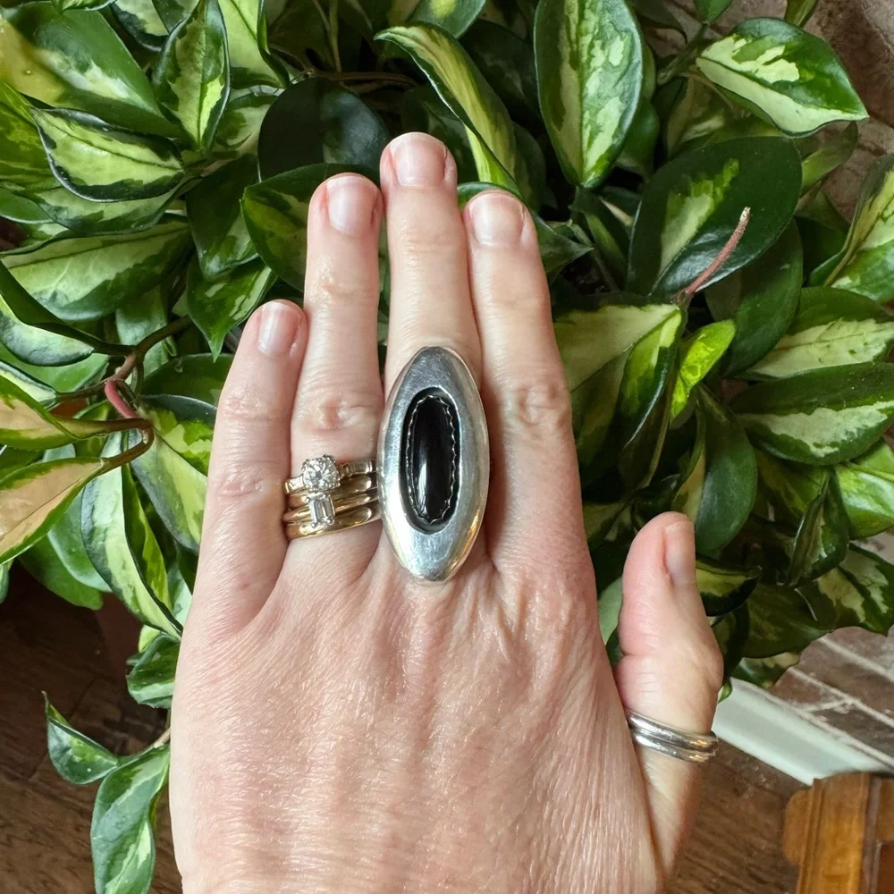 Navajo Jimmy Patterson Sterling Silver Onyx Cabochon Ring, Size 8